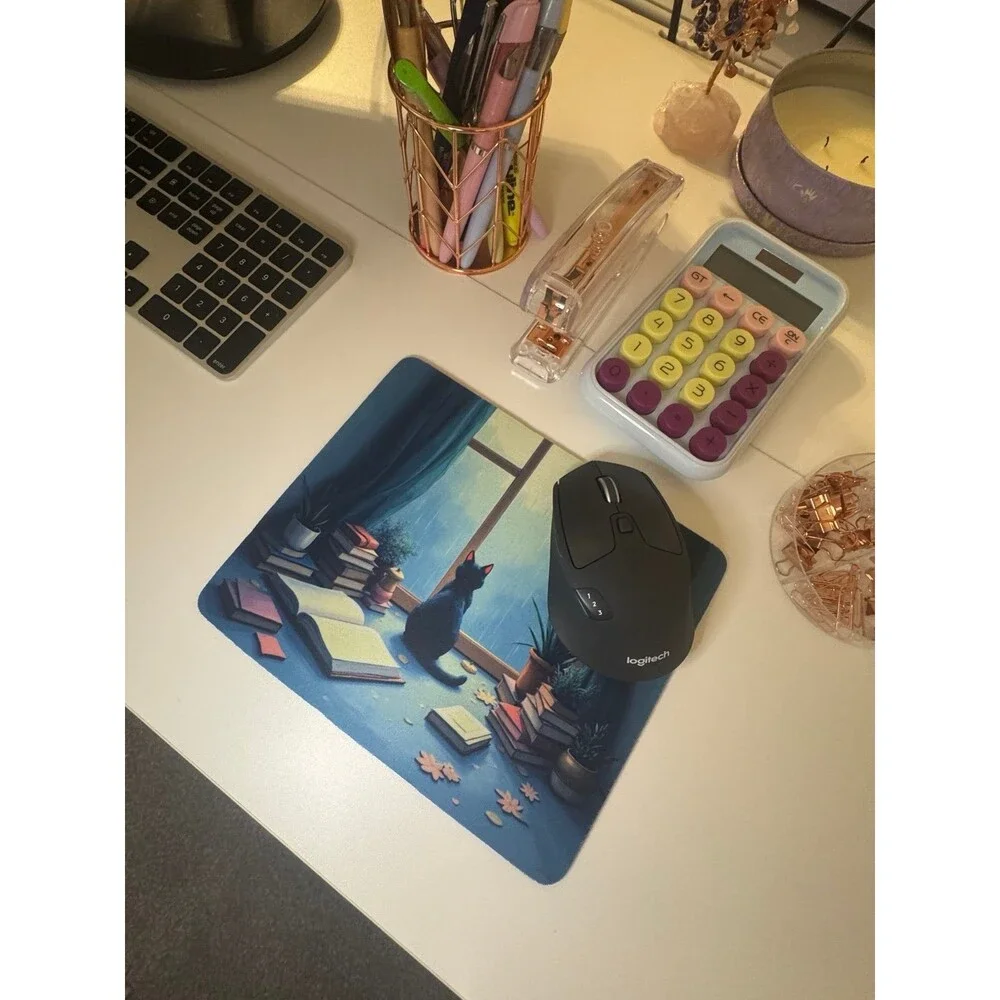 Cozy Cat‎ Mouse Pad, Aesthetic with Rainy Window Scene